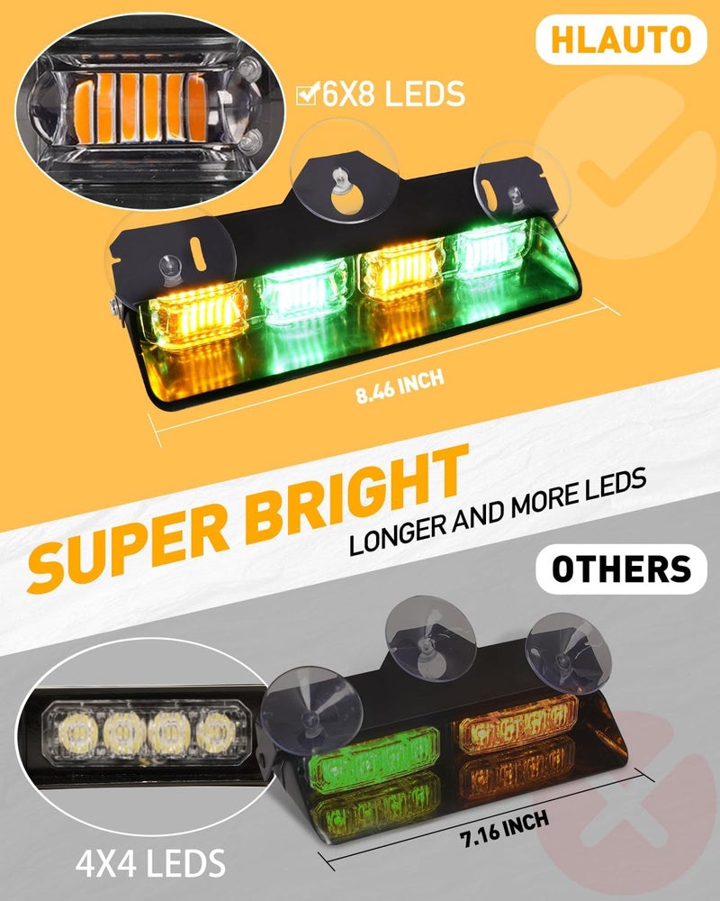 HLauto 2002L Emergency Dash Strobe Lights: Amber Green Safety Lights, Flashing Warning Hazard Windshield Visor Traffic Light Bars for Trucks, Construction Vehicles (2x8.5 inch, 48LED) - Image 2